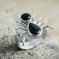 Obsidian-Cocktailring, „Kleine Spinne“ – handgefertigter Spinnenring aus Sterlingsilber und Obsidian