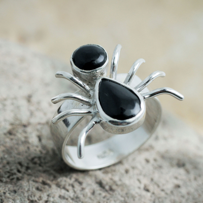 Obsidian cocktail ring, 'Little Spider' - Artisan Crafted Sterling Silver and Obsidian Spider Ring