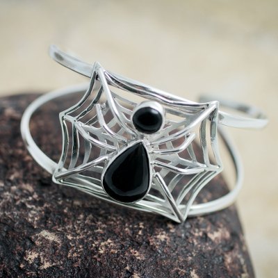 Obsidian cuff bracelet, 'Busy Spider' - Handcrafted Andean Silver and Obsidian Spider Bracelet