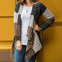 Brown and Grey Alpaca Blend Open Front Cardigan Sweater,'Pachamama'