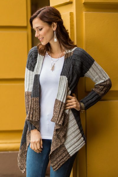 Alpaca blend cardigan, 'Pachamama' - Brown and Grey Alpaca Blend Open Front Cardigan Sweater