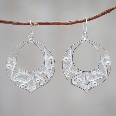 Sterling silver dangle earrings, Filigree Foliage