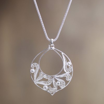 Sterling silver filigree pendant necklace, 'Filigree Foliage' - Andean Silver Handcrafted Silver Filigree Pendant Necklace