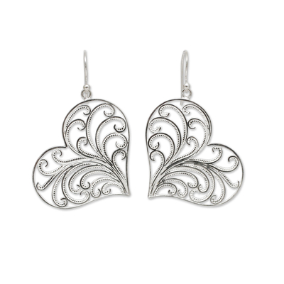 Sterling silver heart earrings, 'Lace Valentine' - Handmade Sterling Silver Filigree Heart Earrings from Peru