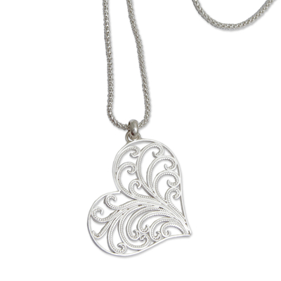 Sterling silver heart necklace, 'Lace Valentine' - Handmade Sterling Silver Filigree Heart Necklace from Peru