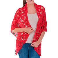 Alpaca blend shawl, 'Passion' - Peruvian Hand Crocheted Open Work Red Alpaca Blend Shawl