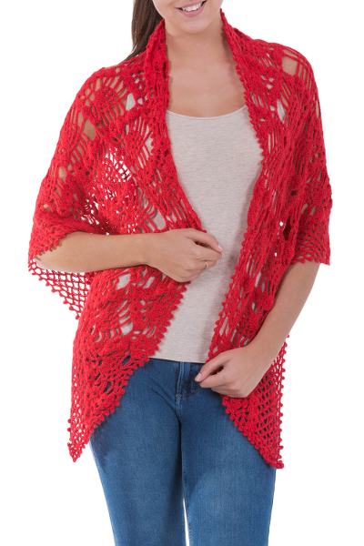 Alpaca blend shawl, 'Passion' - Peruvian Hand Crocheted Open Work Red Alpaca Blend Shawl