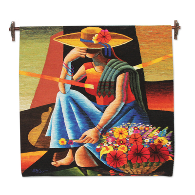 Wool tapestry, 'Woman of the Flowers' - Handwoven Cubist Style Andean Wool Tapestry from Peru