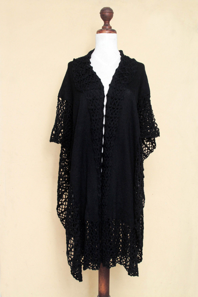 100% alpaca kimono-style ruana, 'Ebony Whisper' - Lacy Knitted Black 100% Alpaca Long Kimono Cape from Peru