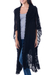100% alpaca kimono-style ruana, 'Ebony Whisper' - Lacy Knitted Black 100% Alpaca Long Kimono Cape from Peru thumbail