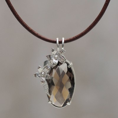 Smoky quartz pendant necklace, 'Sparkling Enigma' - Peru Handcrafted Smoky Quartz Necklace with Black Leather
