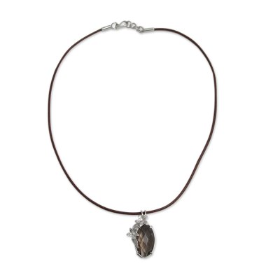 Smoky quartz pendant necklace, 'Sparkling Enigma' - Peru Handcrafted Smoky Quartz Necklace with Black Leather