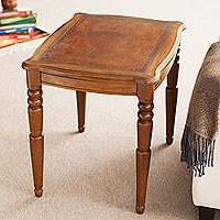Mohena and leather accent table, 'Honey' - Artisan Crafted Hardwood and Leather Accent Table from Peru
