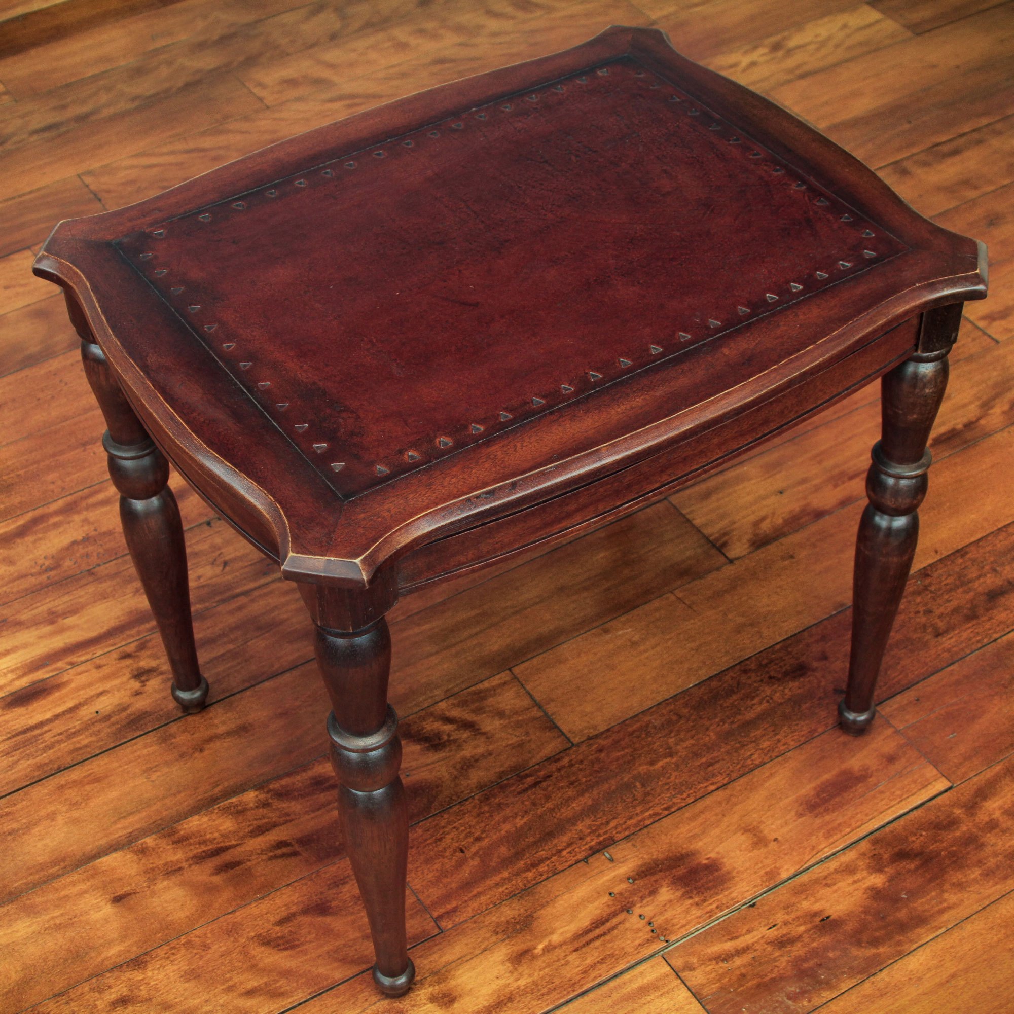 Andean Artisan Crafted Hardwood and Leather Accent Table Chestnut