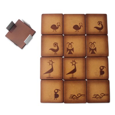 Wood coasters, 'Pre-Hispanic Birds' (set of 12) - Andean Handcrafted Wood Coasters and Stand (Set of 12)