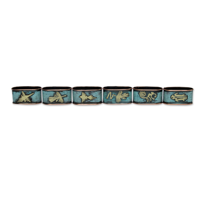 Copper and bronze napkin rings, 'Nazca Marvels' (set of 6) - Copper Napkin Rings with Bronze Nazca Images (Set of 6)