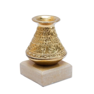 Bronze paperweight, 'Inca Water Jar' - Andean Inca Style Golden Bronze Paperweight Sculpture