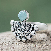 Opal cocktail ring, 'Iridescence' - Hand Made Inca Theme Pale Green Andean Opal Silver Ring