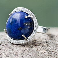 Lapis lazuli cocktail ring, 'Blue Enigma' - Artisan Crafted Textured Sterling Ring with Lapis Lazuli