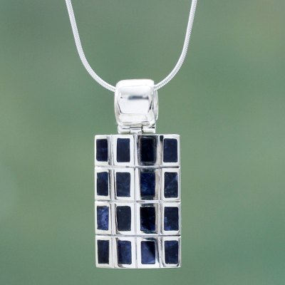 Sodalite pendant necklace, 'Honeycomb' - Hand Crafted Andean Silver and Sodalite Pendant Necklace