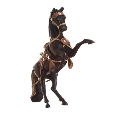 Cedar and leather accent sculpture, 'Proud Horse' - Cedar and Leather Horse Sculpture Carved by Hand