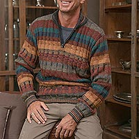 Peruvian 100% Alpaca Men's Zip-Turtleneck Knit Sweater,'Voyager'