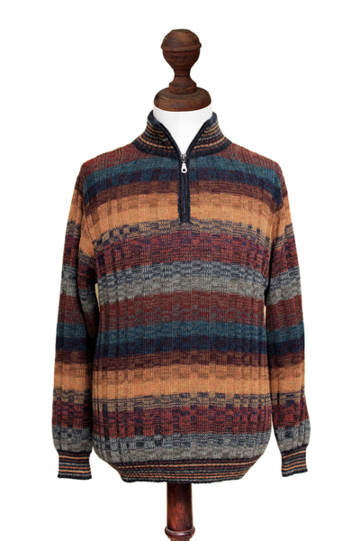 Men's 100% alpaca sweater, 'Voyager' - Peruvian 100% Alpaca Men's Zip-Turtleneck Knit Sweater