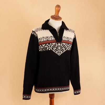 Suéter de hombre 100% alpaca - Suéter Blanco y Negro de Cuello Alto con Cremallera para Hombre 100% Alpaca