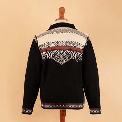 Men's 100% alpaca sweater, 'Midnight Snow' - Black and White Men's Zipper Turtleneck 100% Alpaca Sweater