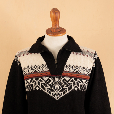 Men's 100% alpaca sweater, 'Midnight Snow' - Black and White Men's Zipper Turtleneck 100% Alpaca Sweater