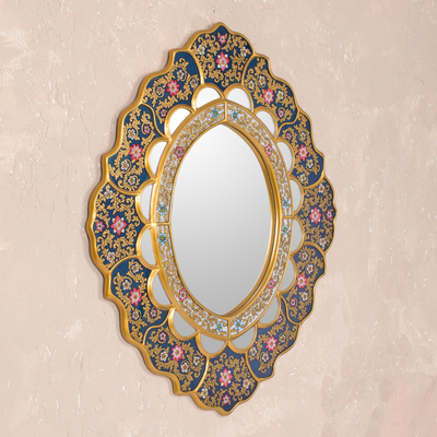 Mirror, 'Golden Garden' - Unique Floral Wood Reverse Painted Art Glass Wall Mirror 