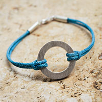 Sterling silver cord bracelet, 'Blue Charm'