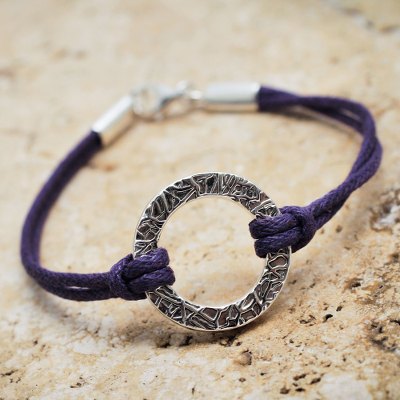 Sterling silver cord bracelet, 'Exalted Purple' - Handmade Andean Sterling Silver Purple Cord Bracelet