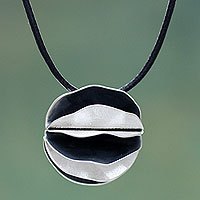 Sterling silver pendant necklace, 'Dark Petals' - Artisan Crafted Necklace Sterling Silver on Leather Cord