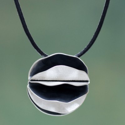 Sterling silver pendant necklace, 'Dark Petals' - Artisan Crafted Necklace Sterling Silver on Leather Cord