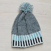 100% alpaca hat, 'Aymara Voyage' - Artisan Knitted Grey Alpaca Pompom Hat from Peru