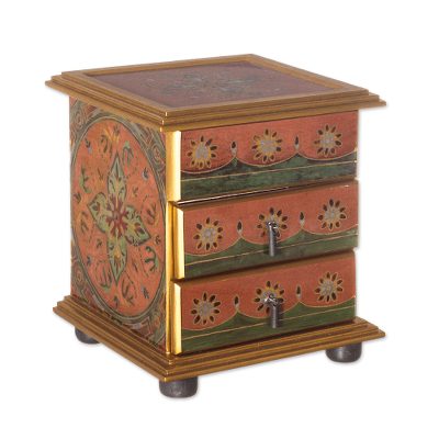 Painted glass jewelry box, 'Glorious Rose' - Artisan Crafted Painted Glass Wood Jewelry Box