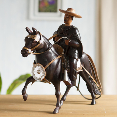 Cedar sculpture, 'Andean Horseman' - Cedar Wood Handcarved Peruvian Horse and Rider Sculpture