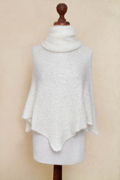 Alpaca blend boucle poncho, 'Cuzco Natural' - Natural Off-White Baby Alpaca Blend Boucle Turtleneck Poncho