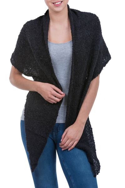 Alpaca blend shawl, 'Lima Black' - Triangular Boucle Wrap Shawl in Black Alpaca Blend