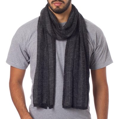 Men's alpaca blend scarf, 'Arequipa Grey' - Men's Alpaca Blend Scarf Patterned in Grey and Black