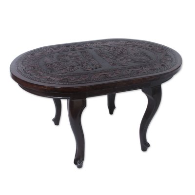 Mohena wood and leather coffee table, 'Ancient Inca Icons' - Pre- Hispanic Theme Tooled Leather and Hardwood Coffee Table