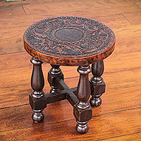 Wood and leather stool, 'Vineyard Birds' (12 inch)