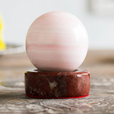 Manganocalcite sphere, 'Pale Rose' - Andean Pink Manganocalcite Sculpture and Jasper Stand