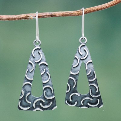 Sterling silver dangle earrings, 'New Moon Pyramids' - Burnished Sterling Silver Triangle Earrings Crafted by Hand