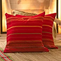 Alpaca blend cushion covers, 'Peruvian Cherry' (pair) - Red Alpaca Blend Hand Woven Cushion Cover Pair