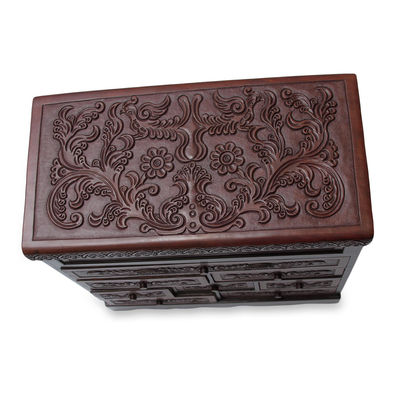 Cedar and leather jewelry box, 'Floral Delight' - Andean Hand Tooled Leather Lock and Key Jewelry Box