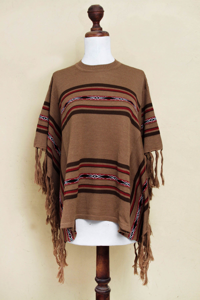Knitted Brown 100% Alpaca Crew Neck Poncho from Peru - Mountain Trails ...