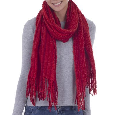 Alpaca blend scarf, 'Fire' - Artisan Woven Alpaca Blend Scarf in Shades of Red