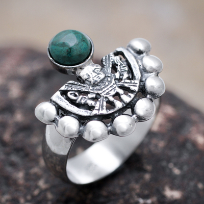 Chrysocolla cocktail ring, 'Iridescence' - Hand Made Inca Theme Blue Green Chrysocolla Silver Ring